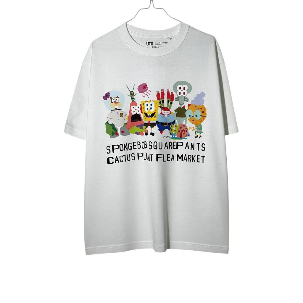 Urban Cult white cotton t-shirt with SpongeBob SquarePants characters and Cactus Plant Flea Market graphic.