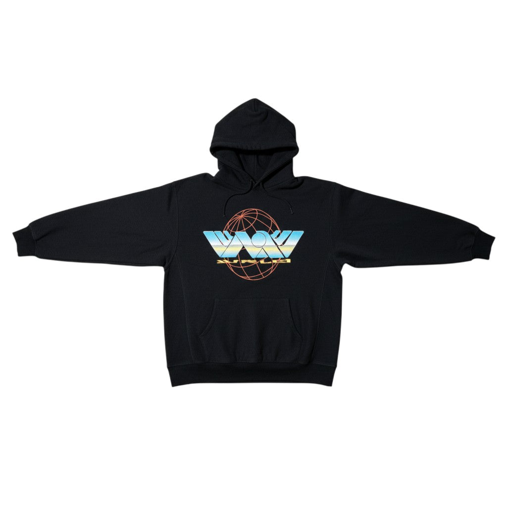 VLONE x Juice WRLD "Fine del Mondo" black cotton hoodie with globe graphic and "WRLD" text.