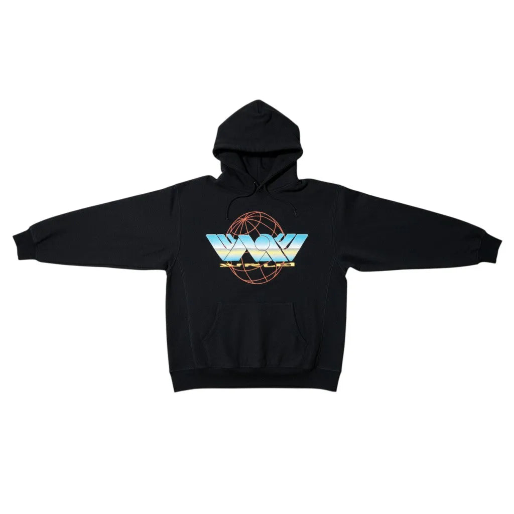 VLONE x Juice WRLD "Fine del Mondo" black cotton hoodie with globe graphic and "WRLD" text.