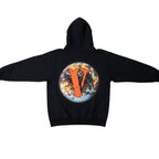 Urban Cult VLONE x Juice WRLD "Fine del Mondo" black cotton hoodie with graphic world print and orange V logo.