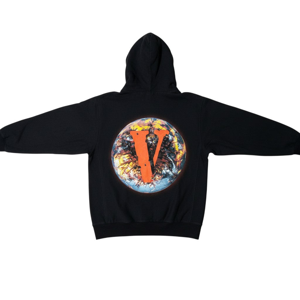 Urban Cult VLONE x Juice WRLD "Fine del Mondo" black cotton hoodie with graphic world print and orange V logo.
