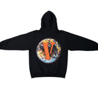Urban Cult VLONE x Juice WRLD "Fine del Mondo" black cotton hoodie with graphic world print and orange V logo.