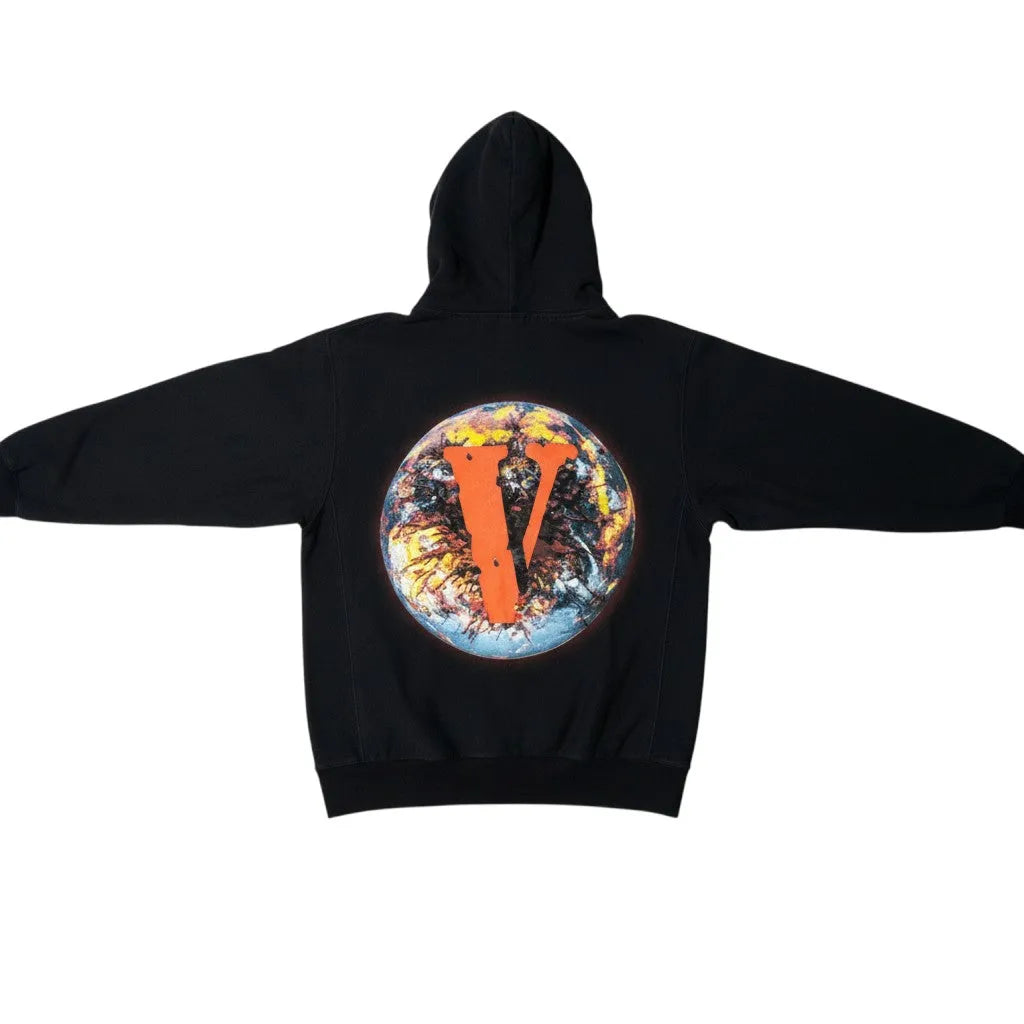Urban Cult VLONE x Juice WRLD "Fine del Mondo" black cotton hoodie with graphic world print and orange V logo.